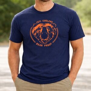 YETI Coolers Bear Proof Graphic T-Shirt Mens XXL Navy Blue Orange Grizzly Bear